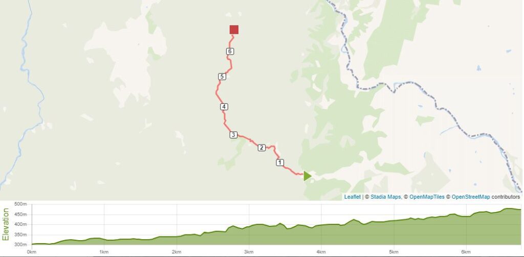 The trail to Atiwhakatu Hut, 7kms with an easy gradient (map and elevation from mapometer.com)